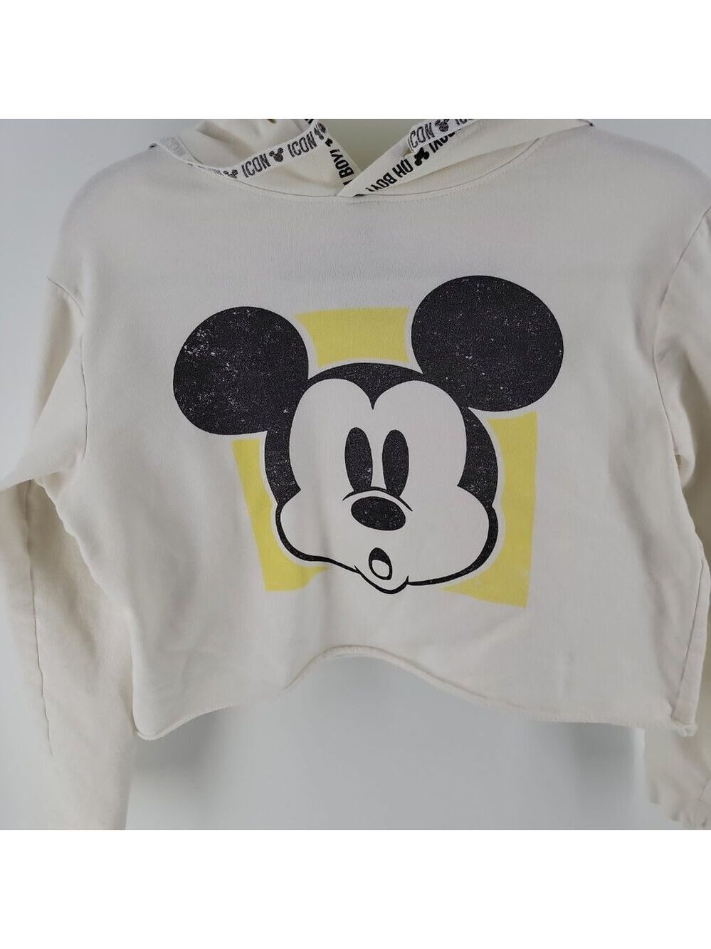 Disney Mickey Mouse Cropped Hoodie Xs Cream Yellow Graphic Pullover View 3